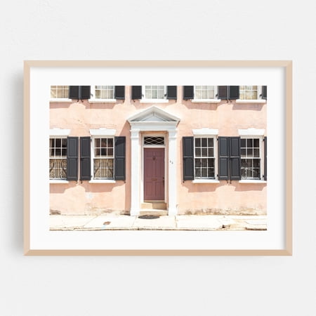 Home in Pink + Black - Charleston South Carolina Photography Architecture Pastel Vintage Cityscape Street Photography Oak Framed Wall Art Print 12 x 18 inches