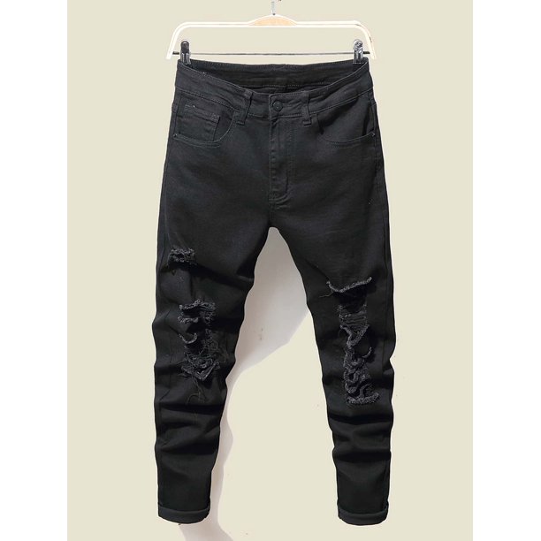 Black Men Ripped Frayed Tapered Jeans 30 Y035D