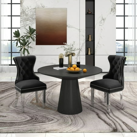 Roundhill Furniture Vogel 3-Piece Round Dining Set Pedestal Dining Table with 2 Chairs Black