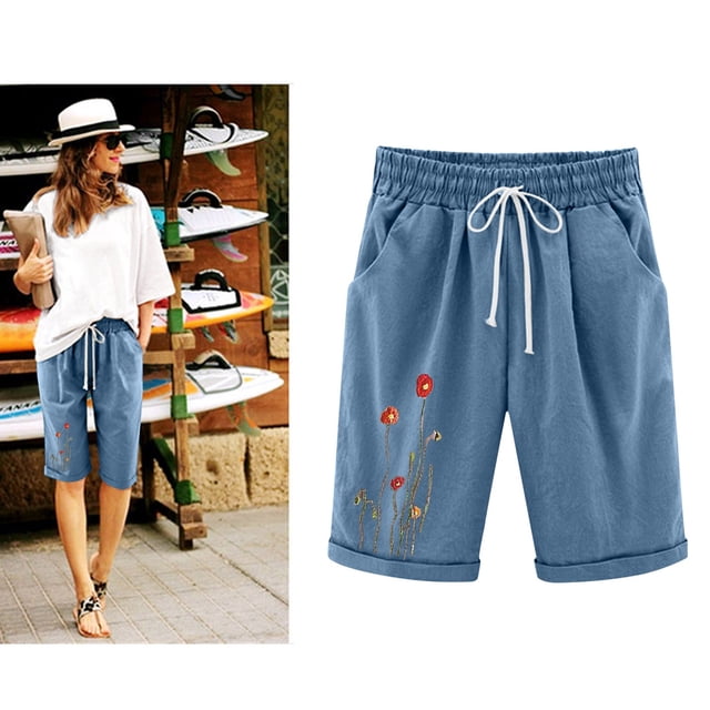 drppepioner Short d'Été Imprimé Décontracté Ample avec Poches à Lacets Grande Taille pour Femme