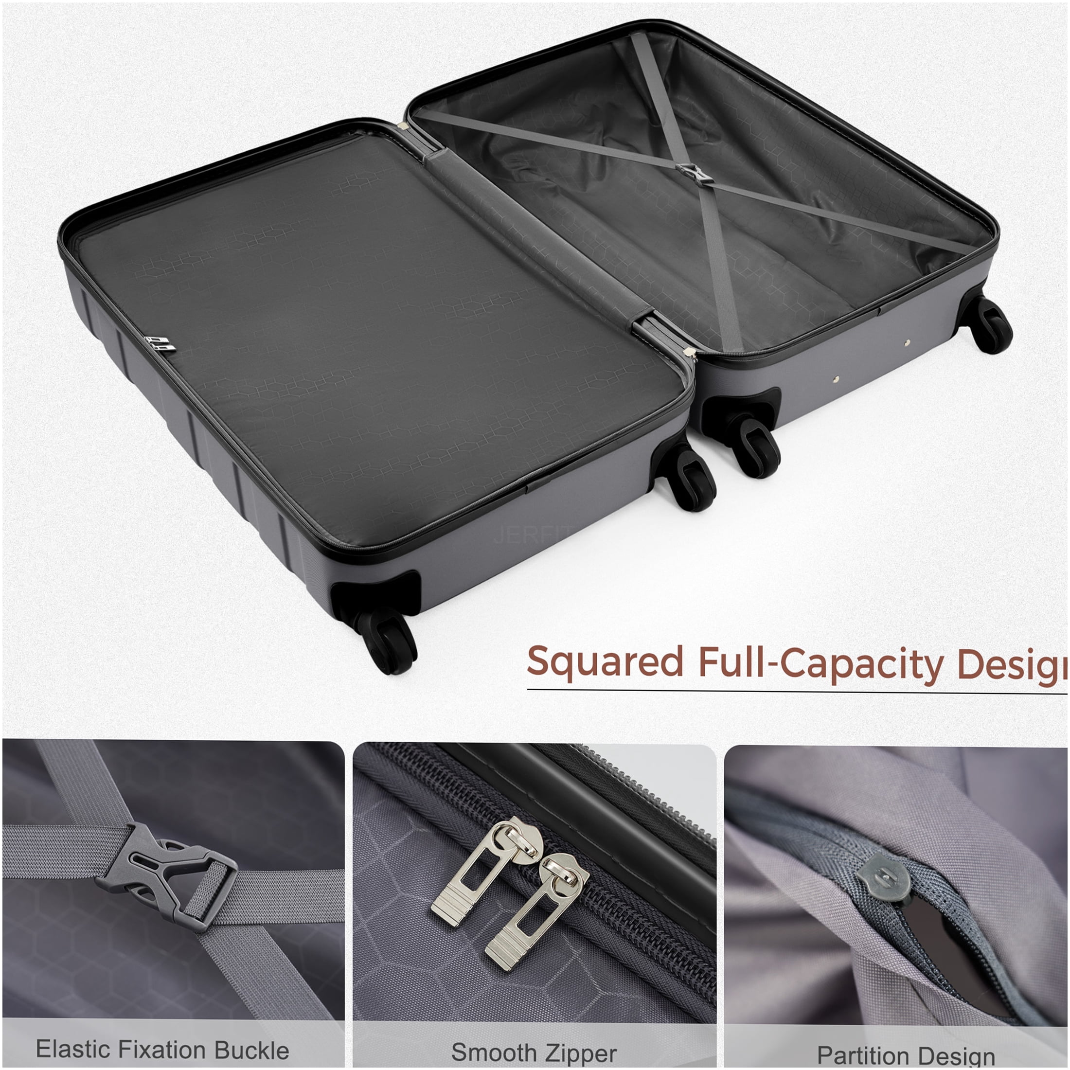 JERFIT Grey 4-Piece Luggage Set with TSA Locks, Spinner Wheels Carry On Suitcase, Checked Luggage, Duffel & Toiletry Bag for Travel