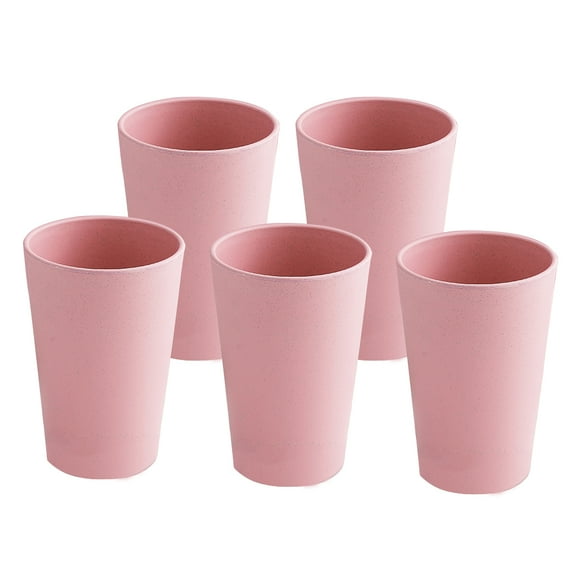 16oz Drinking Tumbler Set of 5, Unbreakable Wheat Straw Cups for Camping Party Adults Kids, Water Glasses for Beverage Ice Tea, Dishwasher Safe (Pink)