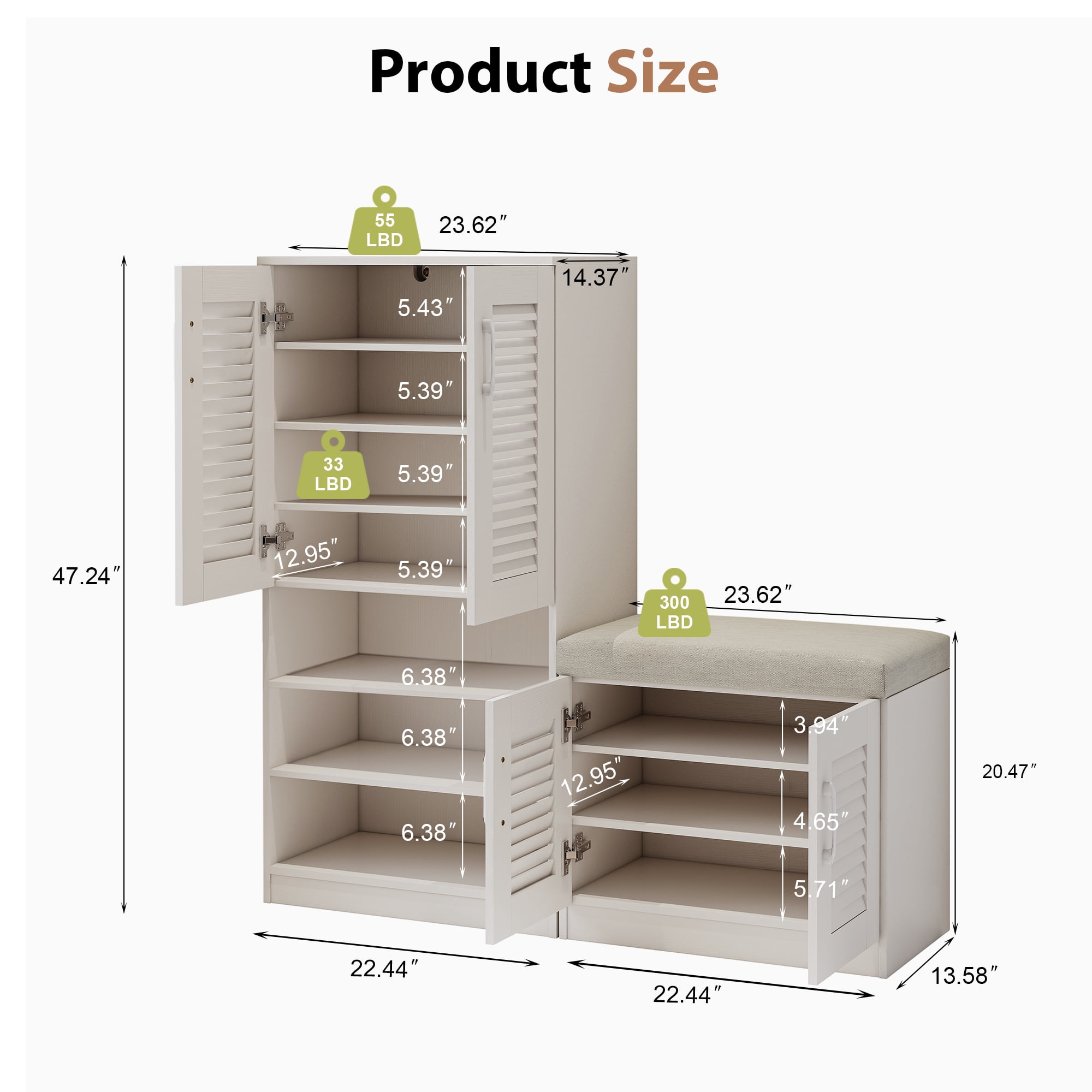 Aukfa Shoe Storage Cabinet with Cushion Bench, Shoe Bench Freestanding Shoe Rack for Mudroom, Hallway,White