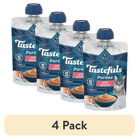 (4 pack) Blue Buffalo Tastefuls Adult Cat Natural Purees, Salmon 3-oz Resealable Twist Cap Pouch