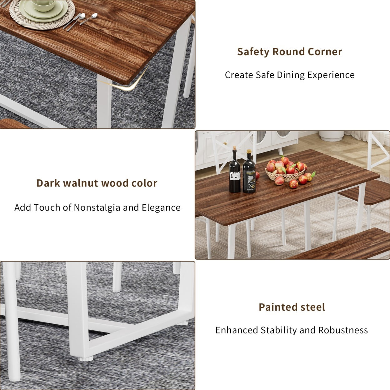4 Piece Dining Table Set with 4 Chairs, Industrial Kitchen Table Set with Backrest Chairs, Modern Dining Room Furniture for Breakfast Nook, Apartment, Living Room, Dark Walnut