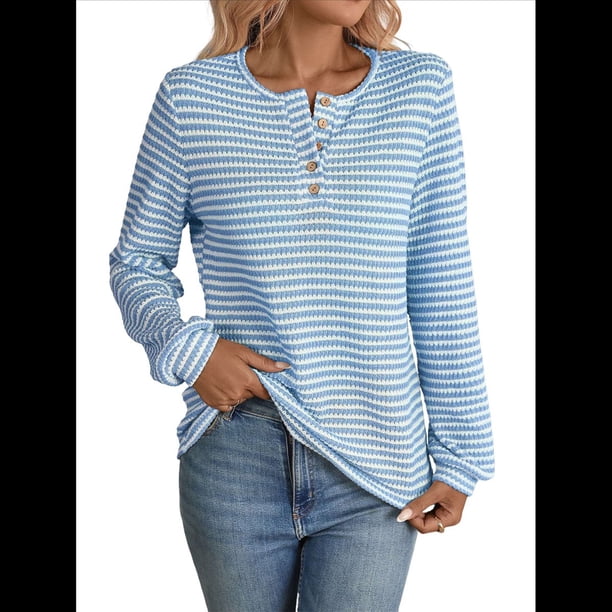 Camiseta Informal de Punto de Larga con Cuello Redondo y Botones A Rayas para Mujer Azul XL
