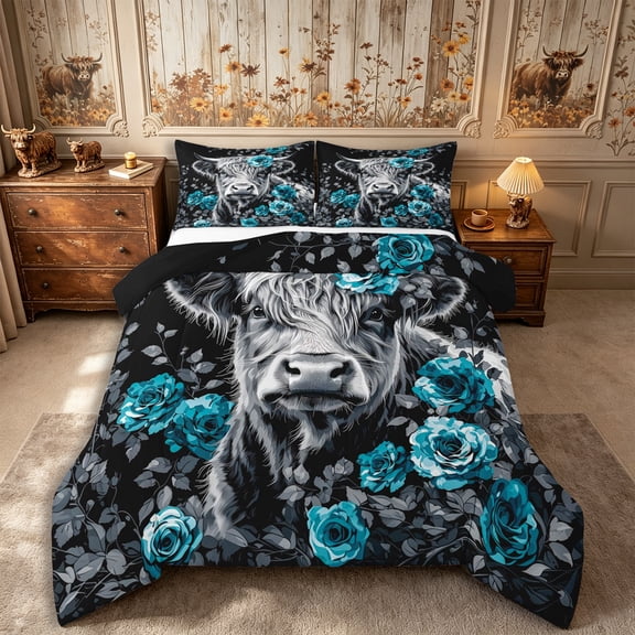 Manfei Floral Highland Cattle Full Size Comforter Sets 3-Piece,Vintage Farm Animal Bedding Comforter Set,Blue Gray,1 Comforter and 2 Pillowcases,Reversible