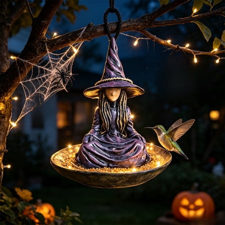 Meditating Witch Garden Bird Feeder, Resin Hanging Purple Witch Statue Wild Bird Feeder, Witch Statue Feeder Outdoor Decor for Patio , Gifts for Bird Lovers