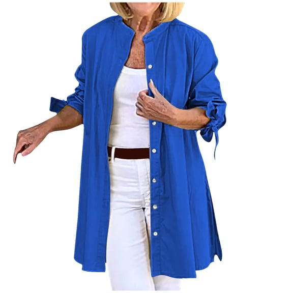Cekizud Button Down Shirts for Women Stand Collar Adjustable Tie Cuff Longline Work Blouse,Sizes S-3XL
