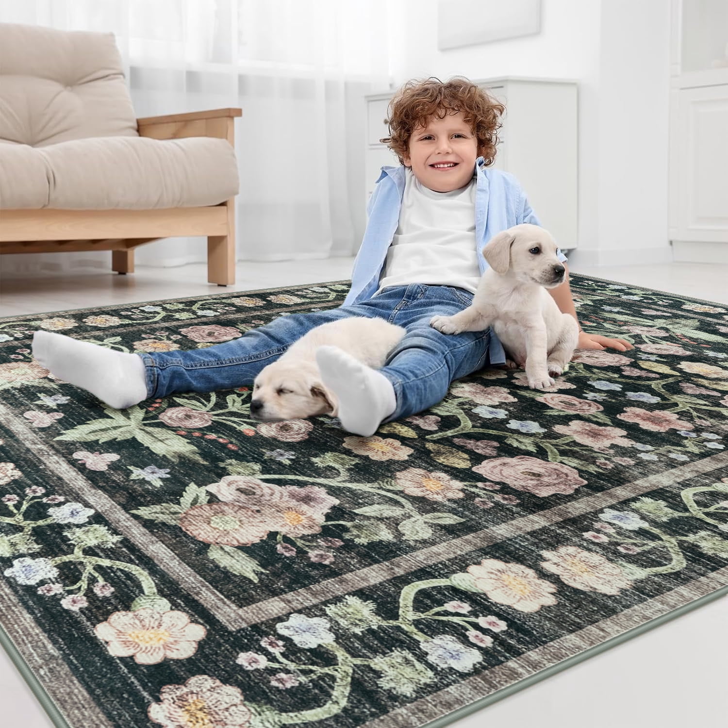 Ultrug Floral Area Rug Soft Non Slip Vintage Rugs for Living Room Bedroom Home Deocr Flower Carpet,6'x9',Black