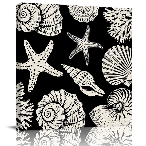 Wall Art Prints, Black Starfish Coastal Framed Canvas Prints for Bedroom Living Room Bathroom Office, Shell Coral Summer Beach Nautical Ocean Gallery Wrap Wall Art Poster for Gifts Home Decor 28"x28"