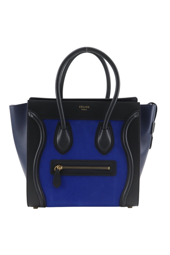 Pre-Owned Celine Luggage Micro Shopper Handbag, Bicolor, 167793, Calfskin, Black/Blue, A5 Size,...