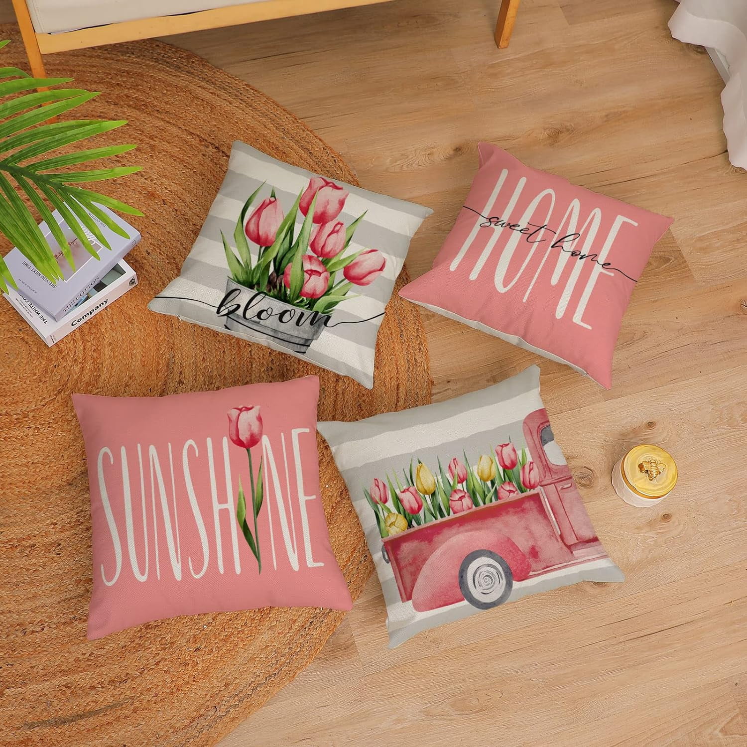Set of 4 Tulip Pillow Covers 16x16 Spring Summer Pillow Covers Pink Floral Throw Pillow Covers Cushion Covers Square Pillow Cases for Couch Sofa Patio Outdoor Home Decorations(16 Inch)