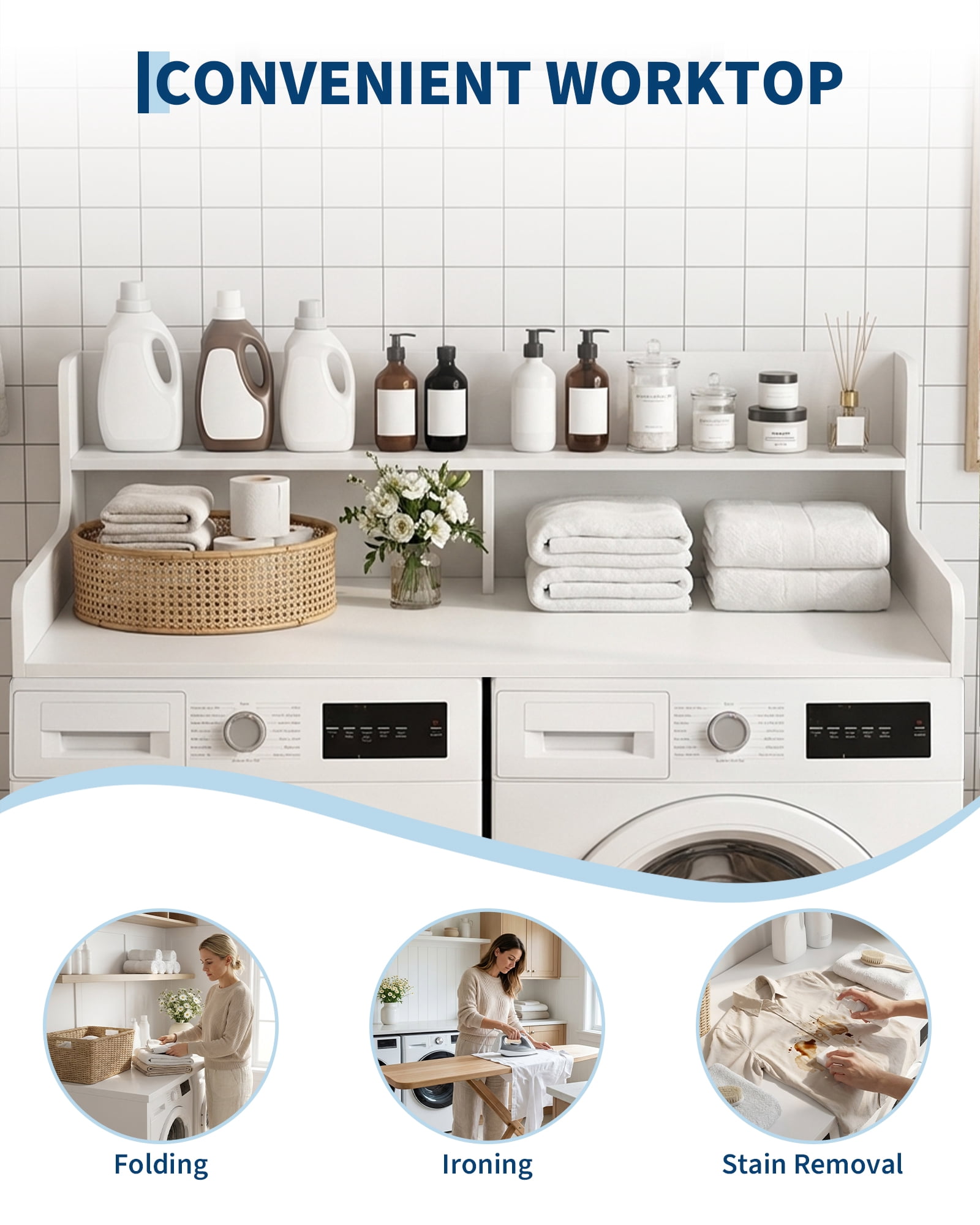 Washer Dryer Countertop, 54"x 27.5" Heavy Duty MDF Laundry Room Wood Shelf Topper, 12" Edge Rails Non Slip Pads Clothes Folding Station for Laundry Room Storage and Organization - White