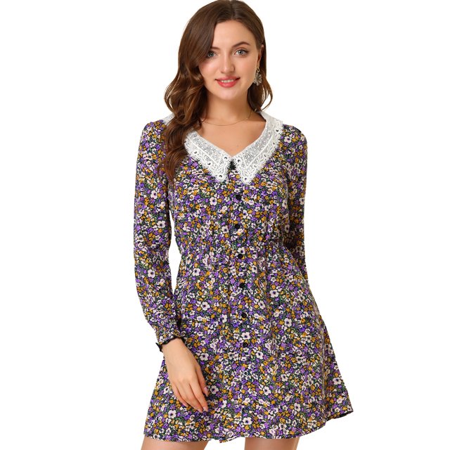 Vestido floral elegante con cuello en V y manga larga para mujer Negro M