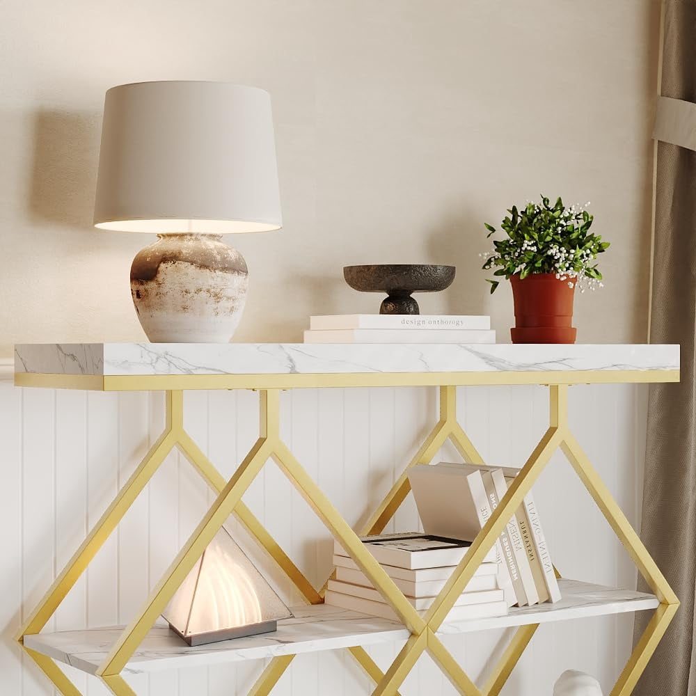 Litake 3-Tier Entryway Table, Industrial Console Sofa Table with Storage, Accent Table with Open Shelves, Diamond-Shaped Metal Frame, Foyer Table for Entryway, Hallway, White