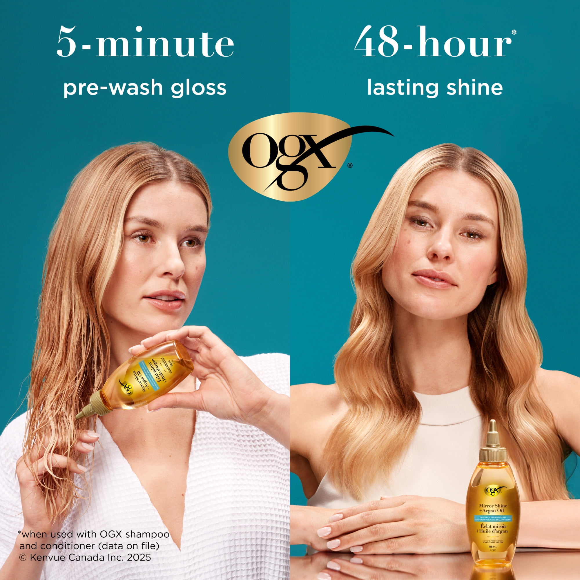 OGX Mirror Shine + Argan Oil Pre-Wash Hair Gloss, Smoothing Rinse Out Treatment for 48 Hours of Glossy Shine* & Nourishing Repair, Lightweight Hair Oil Mends Split Ends***, 118 mL
