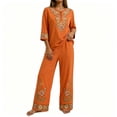 thumbnail image 5 of Floleo Women Boho Two Piece Outfit V Neck 3/4 Sleeve Floral Print Top Wide Leg Pants Vacation Matching Set, 5 of 7