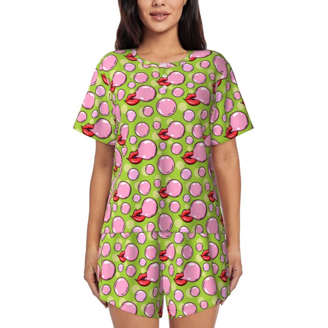 Fotbe Lips blowing bubble gum Conjunto de Pijama Estampado para Mujer, 2 Piezas, Ropa de Dormir con Camiseta de Manga Corta y Shorts Suaves-Small