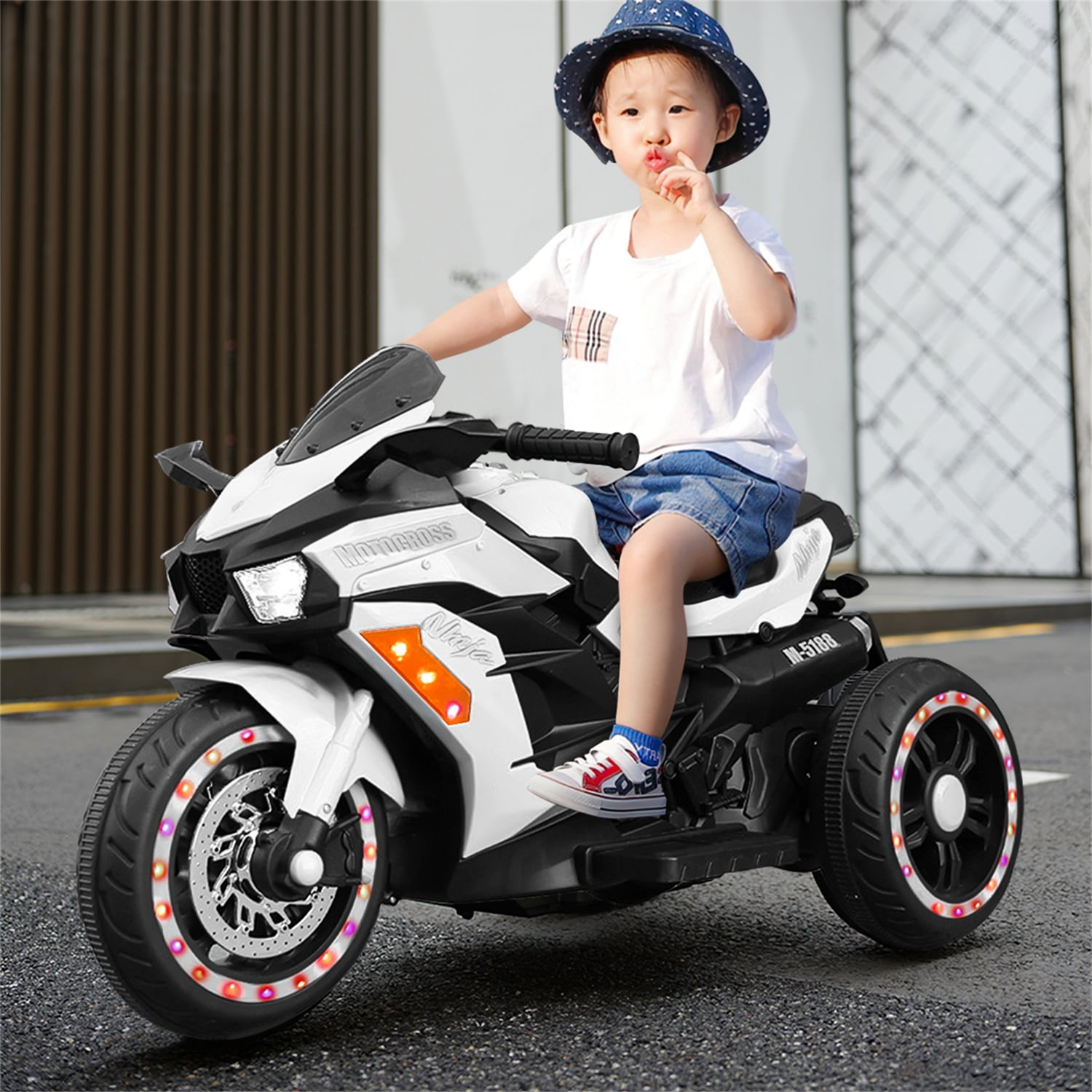 CIPACHO 12V Powered Ride Ons Electric Battery 3Wheel Motorbike Kids Rechargeable Toy Car with Upgrade the Luminous Wheel, White