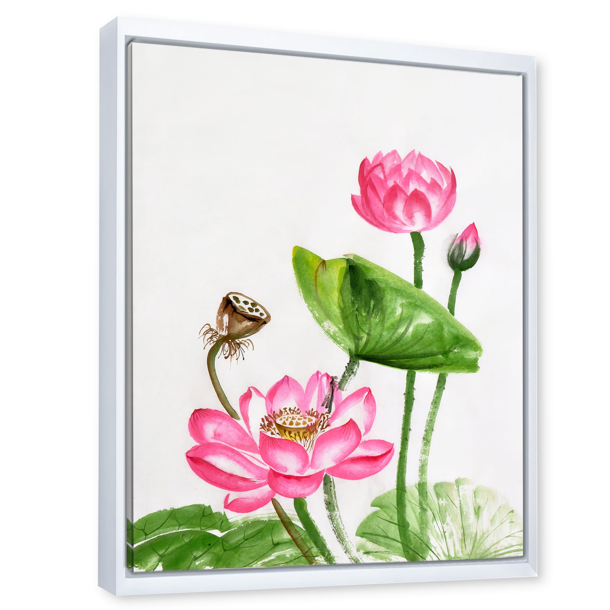 Designart 'Ancient Pink Lotuses In The Pond III' Traditional Framed Canvas Wall Art Print