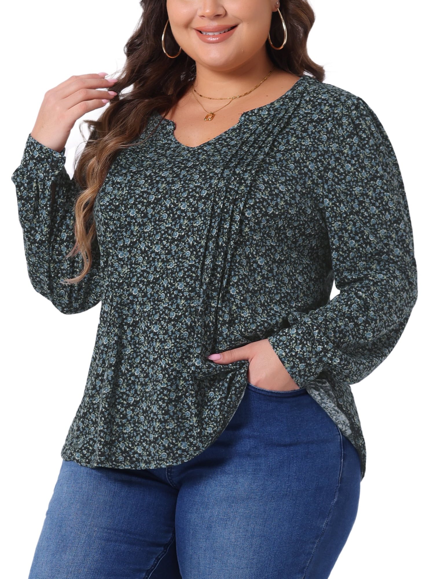 DARING DIVA Women's Plus Pleated Notch V Neck Floral Tunic Blouse 4X Black Blue