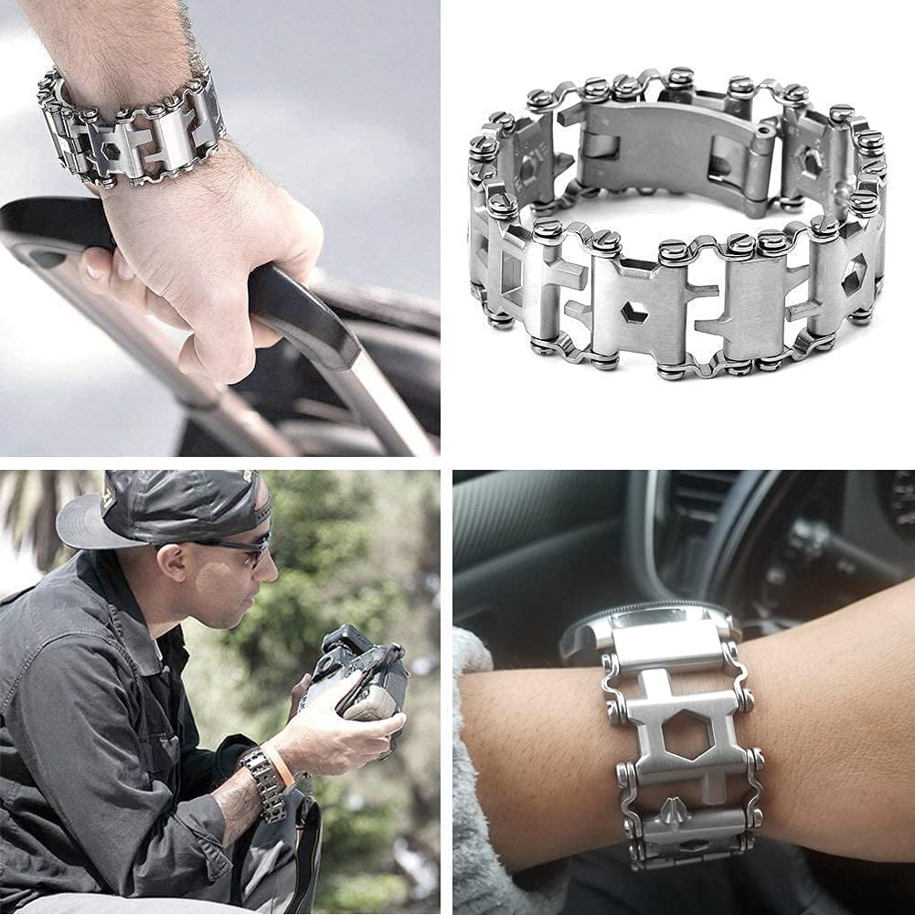Multitool Bracelet 29 in 1, 22cm Stainless Steel, Multi Tool Bracelet for Men Outdoor Travel Watch Strap, Multifunctional Wristbands, Portable Wearable Multitool Trend Bracelet with A Pry Tool (Black)