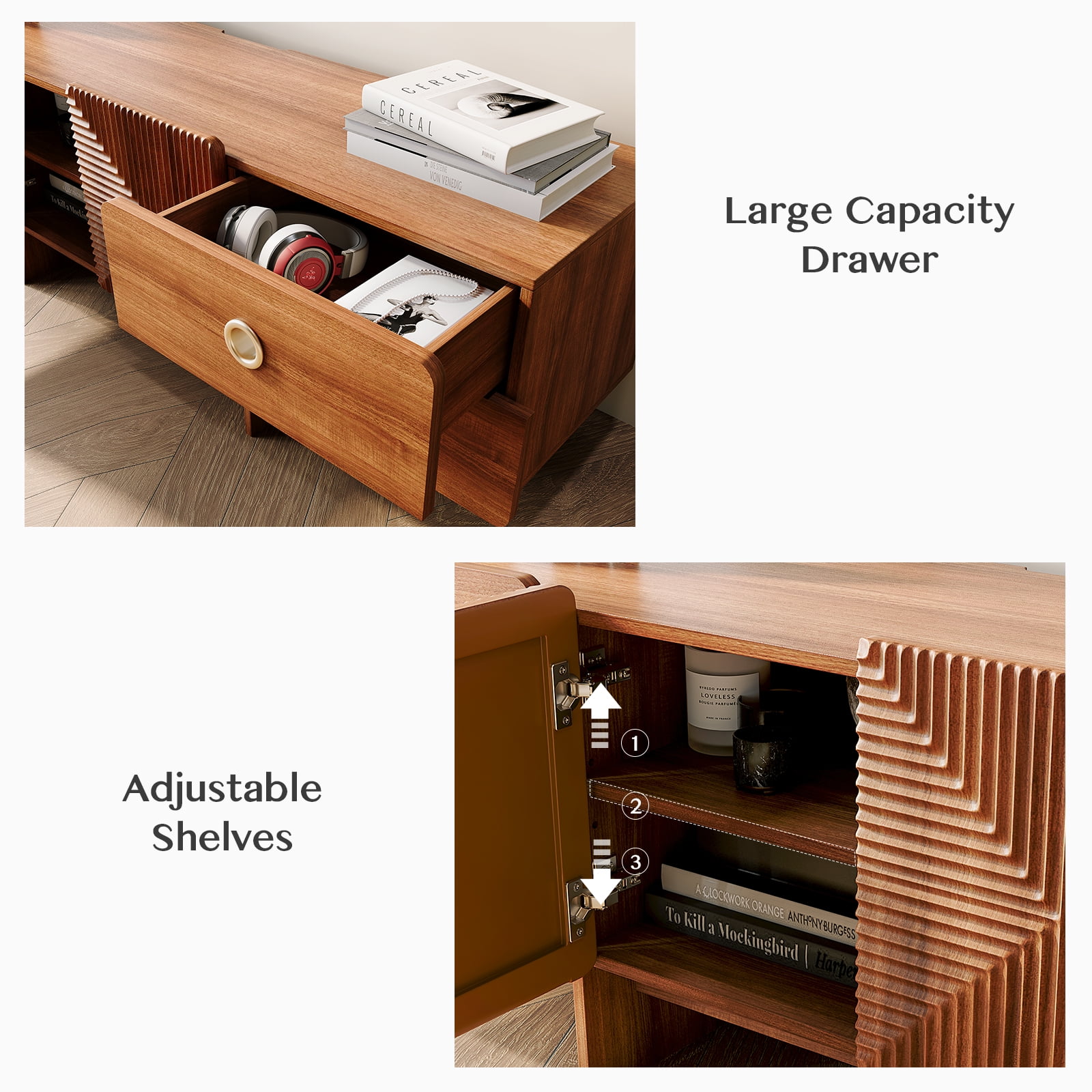JOINICE Mid Century Modern Boho TV Stand, Entertainment Center with Storage and Adjustable Shelves, for Living Room,Bedroom,Cherry JOINICE Mid Century Modern Boho TV Stand, Entertainment Center with Storage and Adjustable Shelves, for Living Room,Bedroom,Cherry