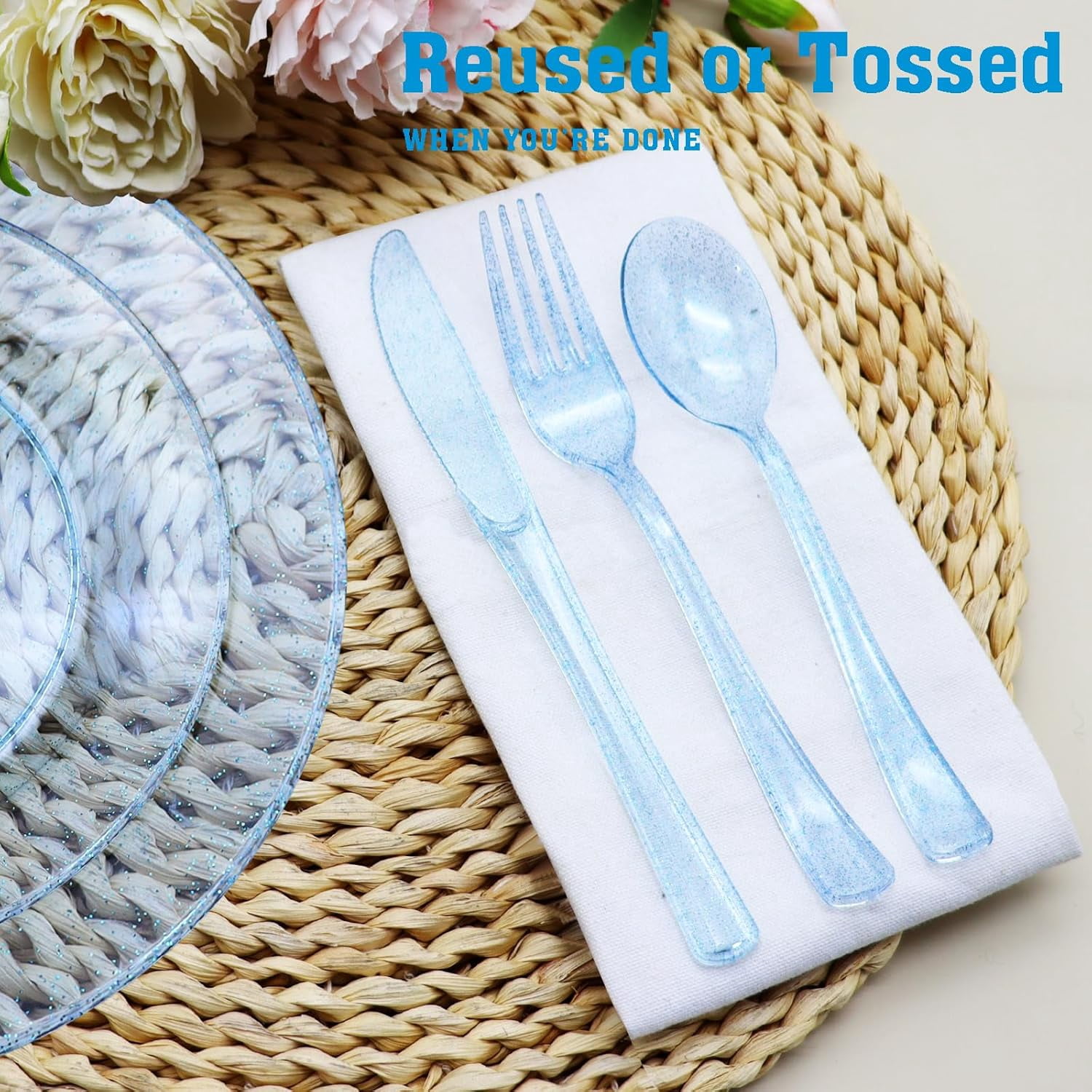 150 Pack Blue Plastic Silverware, Blue Glitter Silverware Plastic Utensils Set Includes 50 Forks, 50 Knives, 50 Spoons for Brithday, Baby Shower, Picnic