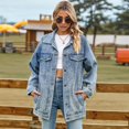 thumbnail image 5 of Jean Jackets for Women Trendy Button Down Denim Trucker Jackets Long Sleeves Frayed Hem Shacket Jacket Light Blue L, 5 of 9