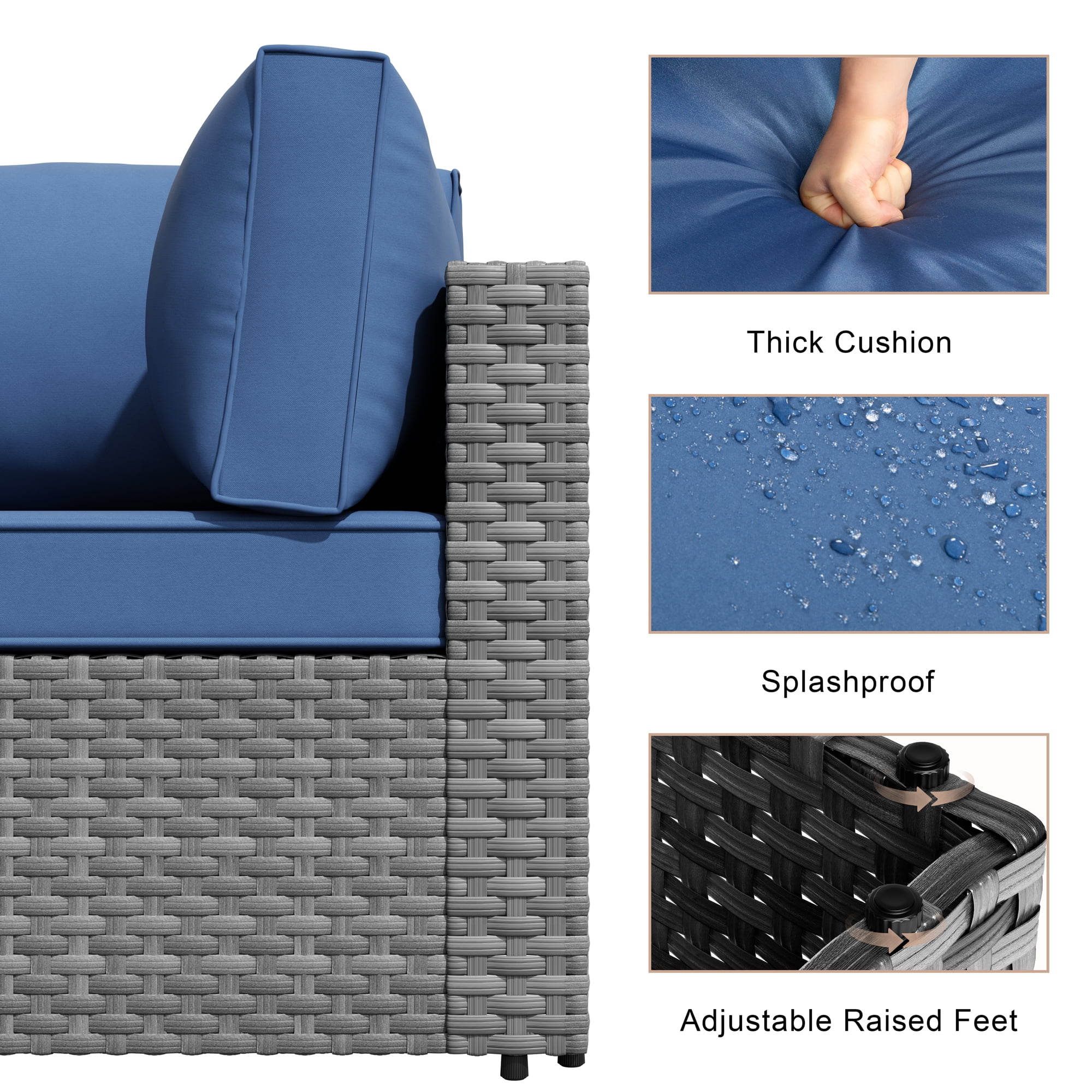 Walsunny 7 Pieces Patio Conversation Set, All-Weather Rattan Wicker Patio Furniture Sets with 6 Chairs and 1 Coffee Table, Washable Couch Cushions,Sliver Rattan Navy Blue Cushions