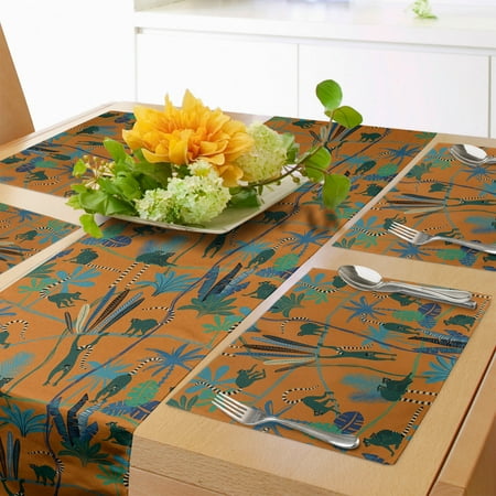 

Jungle Table Runner & Placemats Image of Funny Lemurs in the Wild Forest Playing Among Tree Branches Set for Dining Table Placemat 4 pcs + Runner 12 x72 Dark Orange and Multicolor by Ambesonne