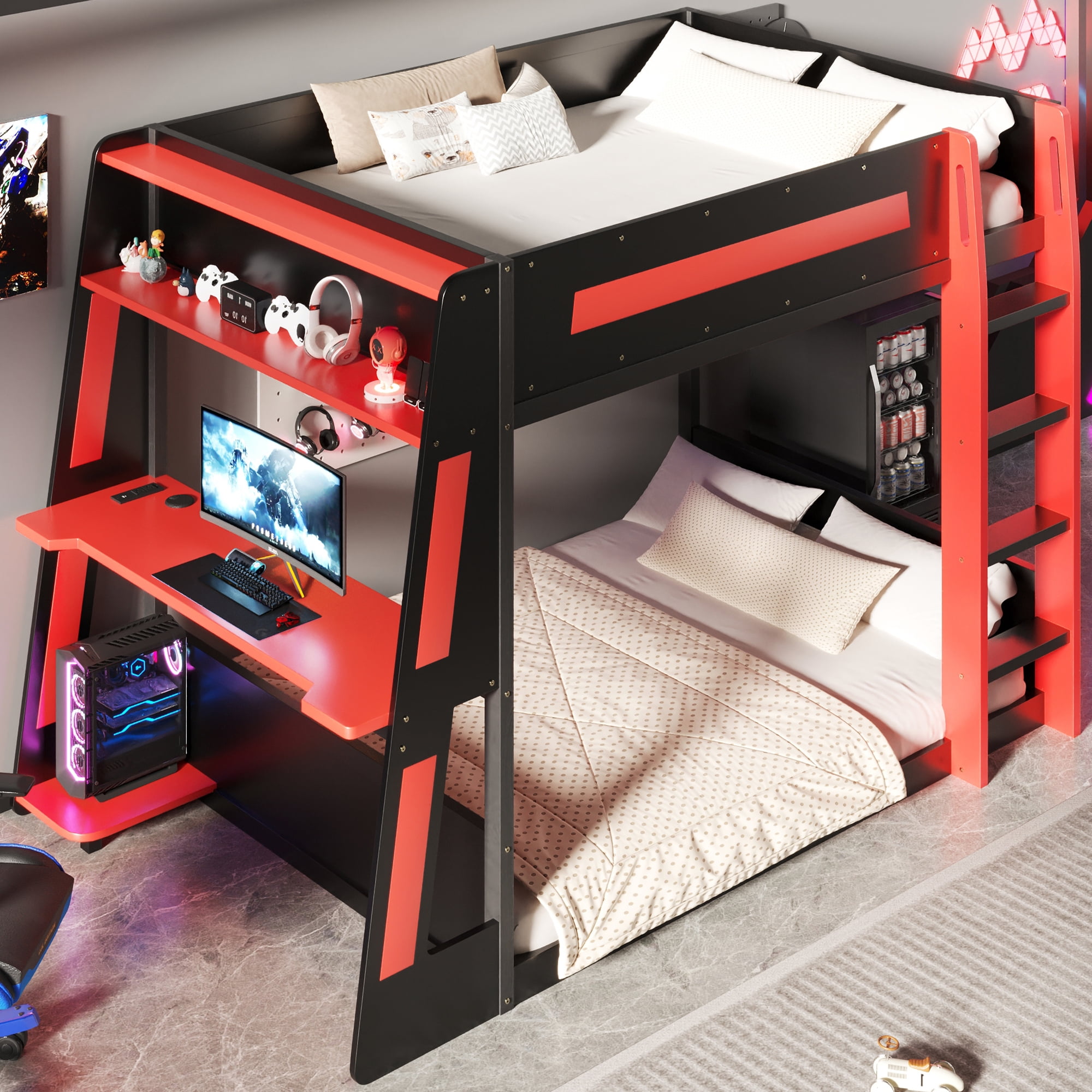Euroco Wood Full over Full Size Bunk Bed with Shelves, Gaming Bed with Desk, USB Charging and LED Light, Black&Red