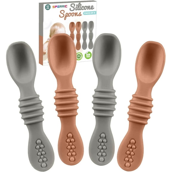 Sperric Silicone Baby Spoons for Baby Led Weaning 4 Pack,  BPA Lead Phthalate and Plastic Free, Great Gift Set (Sunrise/Cool Gray)