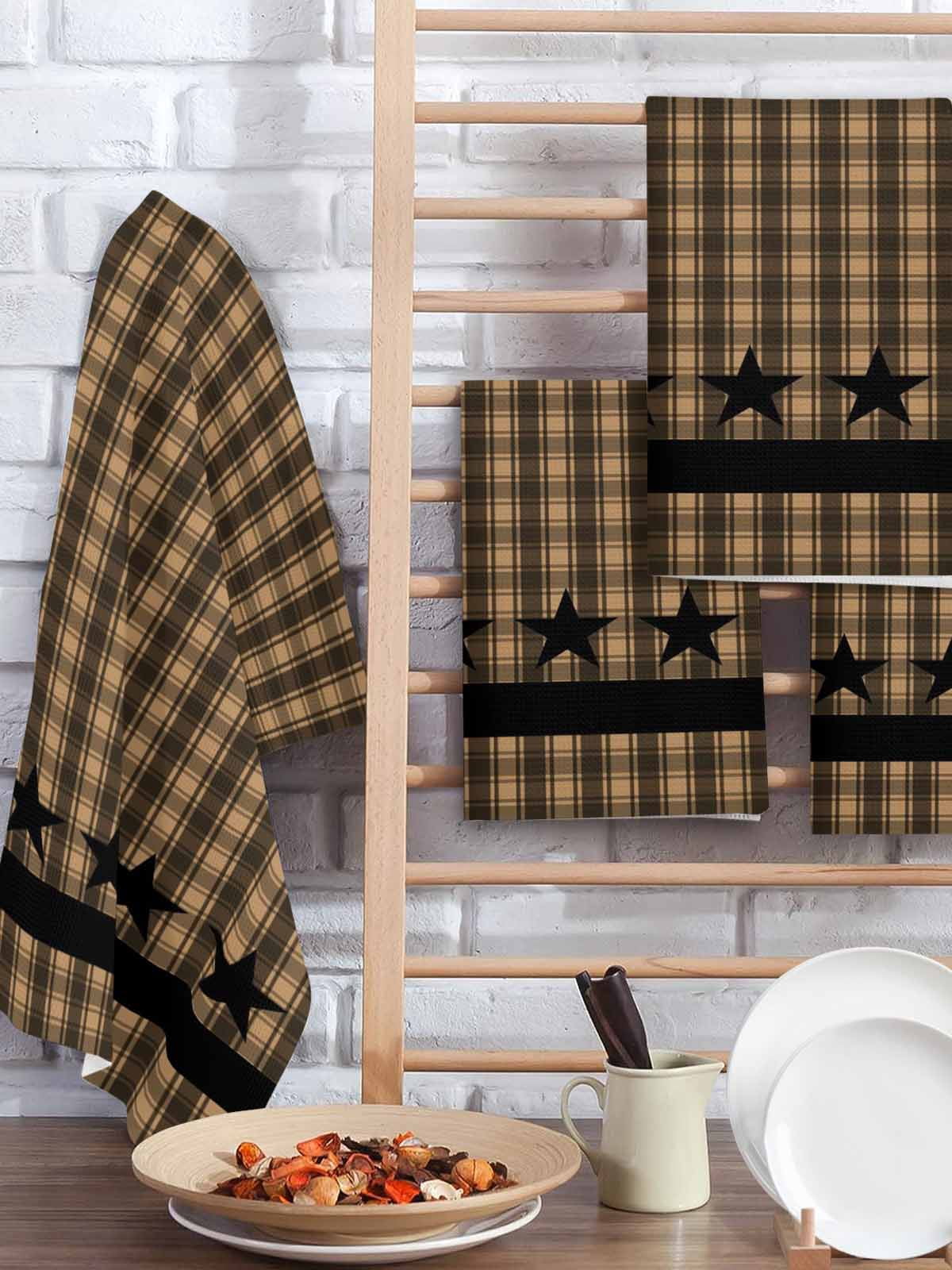 Brown Black Plaid Hand Towels Set, Waffle Weave Kitchen Towels 2 Pieces, Vintage Rustic Star Buffalo Check Microfiber Hair Face Bath Tea Towel Absorbent Quick Drying Cleaning Dish Cloths 15.7"x23.6"