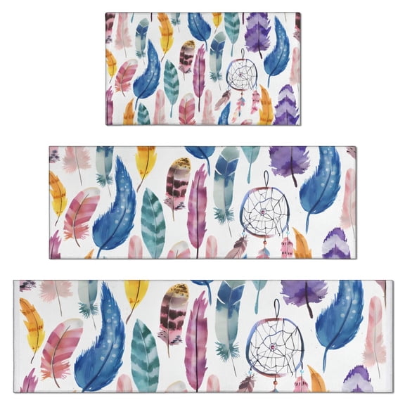 Watercolor Feather and Dreamcatcher Pattern Kitchen Rugs Sets Of 3,Kitchen Runner Rugs Non Skid Washable,Decorative Kitchen Floor Mats for Kitchen,Sink,Laundry,17"x30"  17"x47"   17"x59"