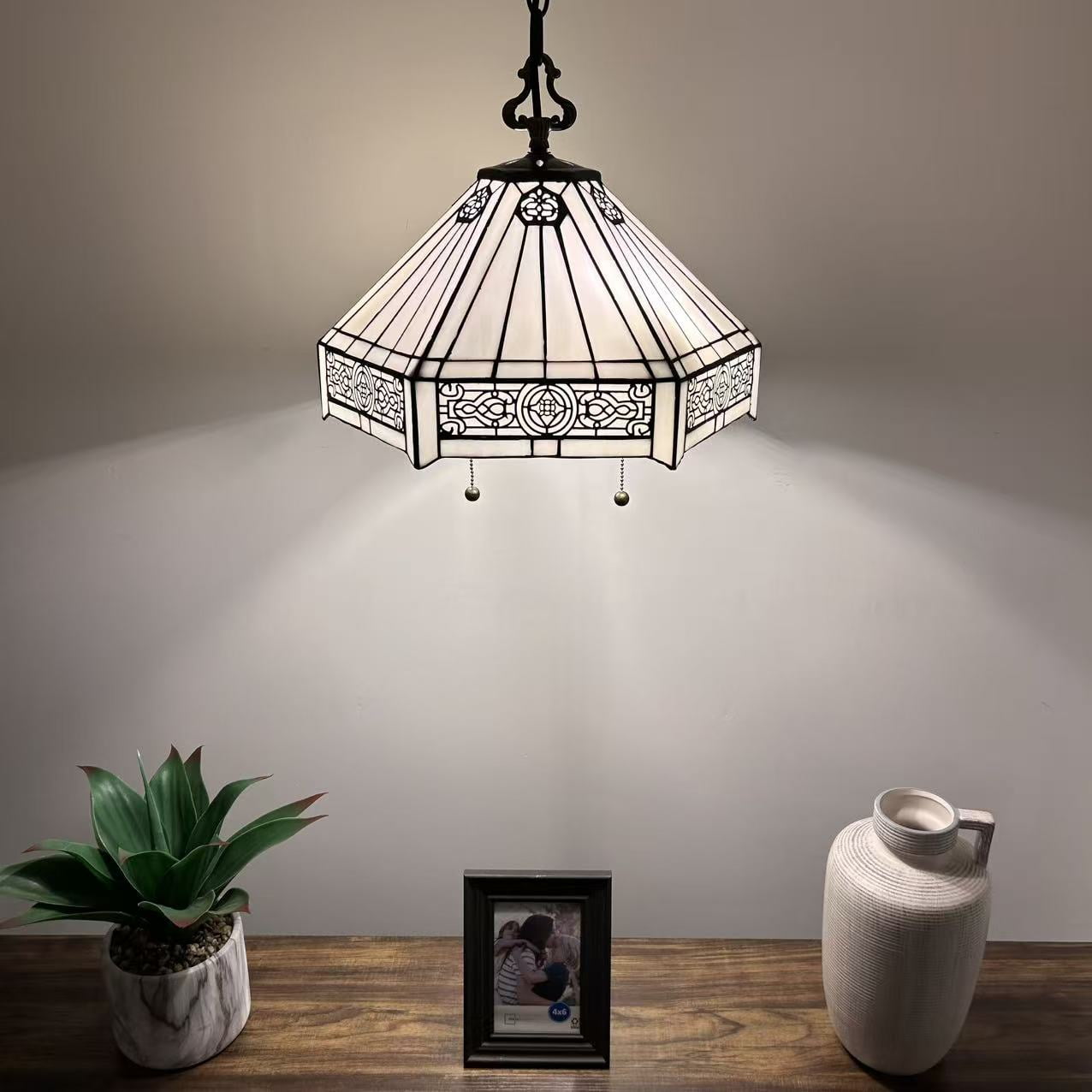 White Hexagon Stained Glass Pendant Lights Fixture LED Bulb Included for Dining Room Kitchen Island 16"W*16"D*75"H