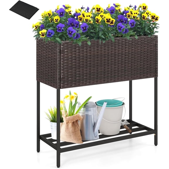 SSyao Raised Garden Bed with Legs, 28" x12" Rattan Elevated Planter Box w/Storage Shelf, Removable Liner, Drainage Gaps for Vegetables, Flowers & Herbs, Outdoor Planting Stand for Backyard, Patio