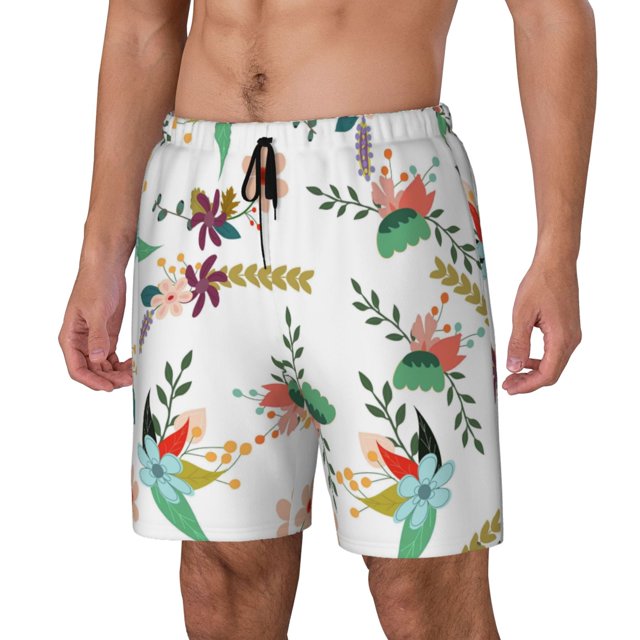 Bingfone Pretty Floral With Leaves for Men's Double Layer Swimming Trunks with Lining, Drawstring Style with Pockets Beach Shorts Men's Swimsuit-XX-Large