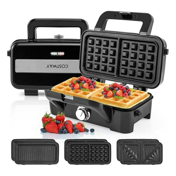 1200W Waffle Maker with Removable Non-Stick Plates, Panini Grill Press with 5-Gear Temperature Control, 3-in-1 Sandwich Maker for Breakfast