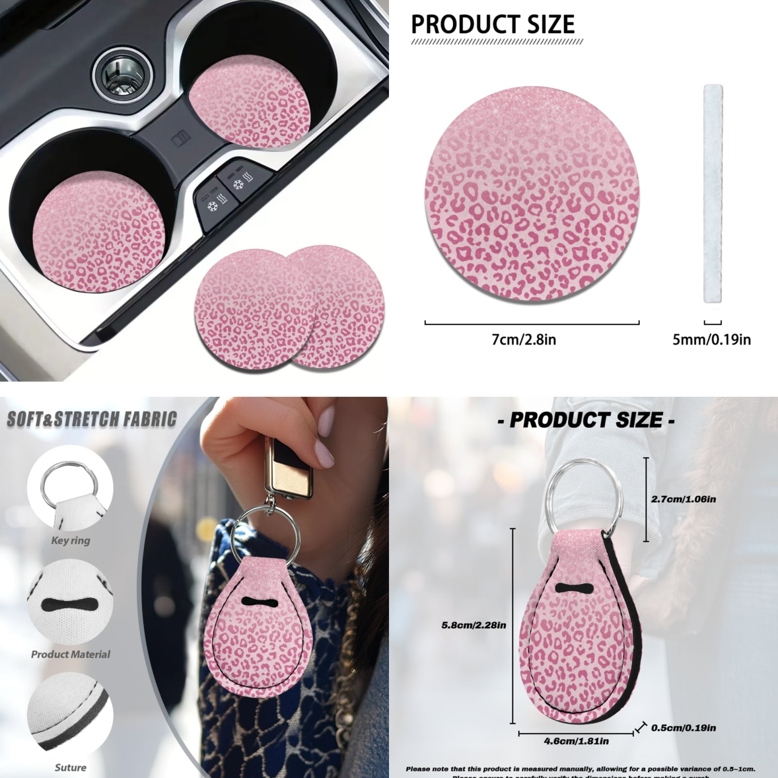 Yuyamidu 12 PCS Pink Leopard Print Car Seat Cover Set with Steering Wheel Cover Seat Belt Covers Cup Coasters Key Chain Car Accessories for Women