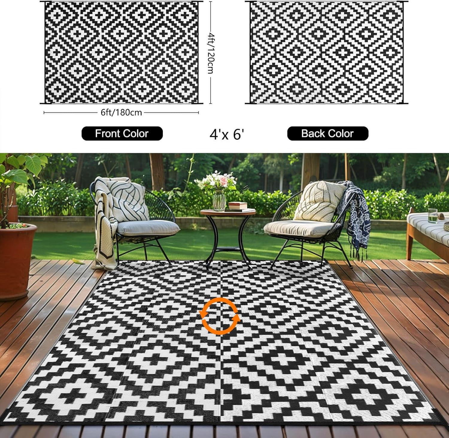 Outdoor Patio Plastic Straw Rug - 4x6 ft Outdoor Camping Rug Waterproof Reversible, Area Carpet Patios Clearance RV, Outside Porch Balcony Deck for Camper, Black & White