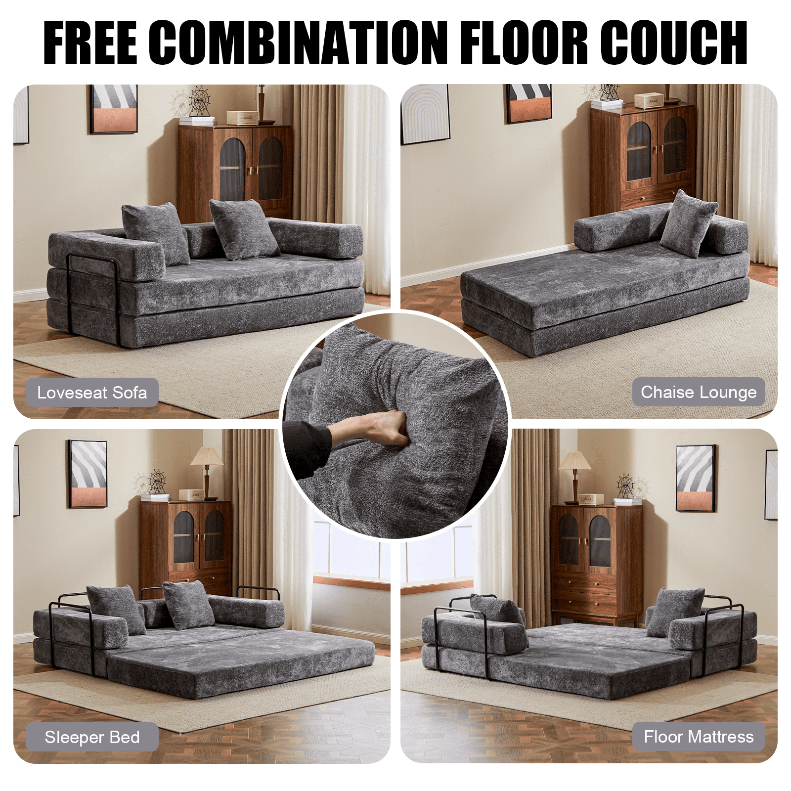 Alvantor 77" Convertible Sofa Bed, Compression Couch with 2 Pillow and Back Support Armrest for Living Room, Dark Gray