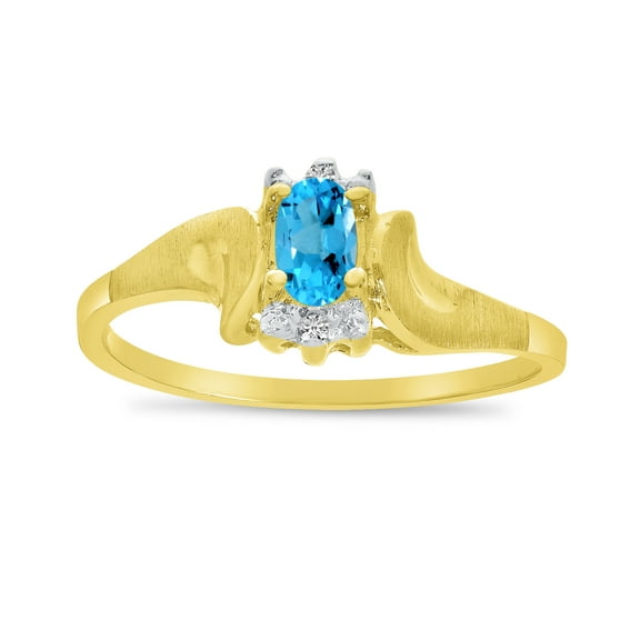 10k Yellow Gold Oval Blue Topaz And Diamond Satin Finish Ring