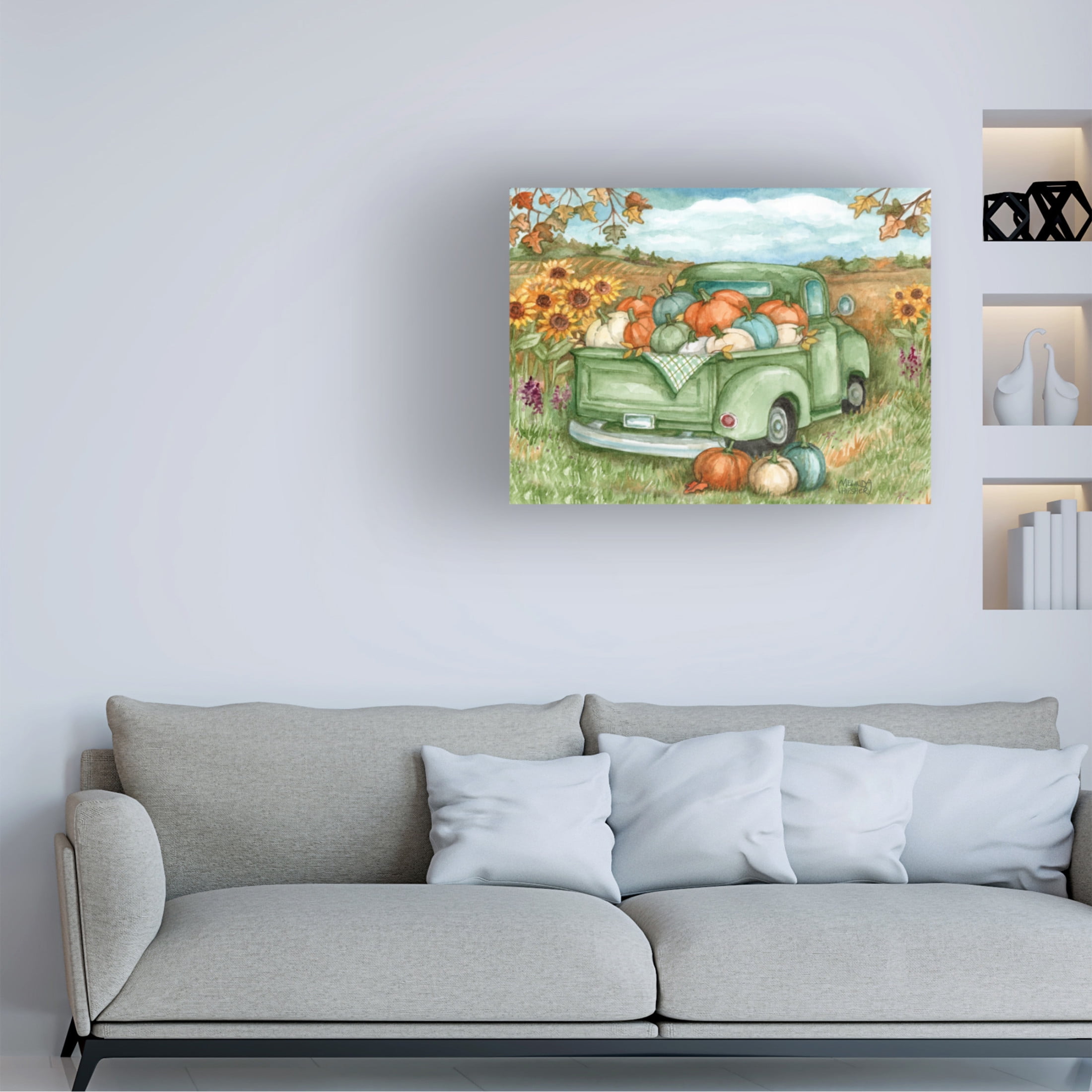 Canvas Wall Art - Melinda Hipsher 'Green Truck With Pumpkins In Autumn Sunflower Field' Wall Art for Living Room, Bedroom, or Office Décor by Trademark Fine Art - 32 x 24 Inches
