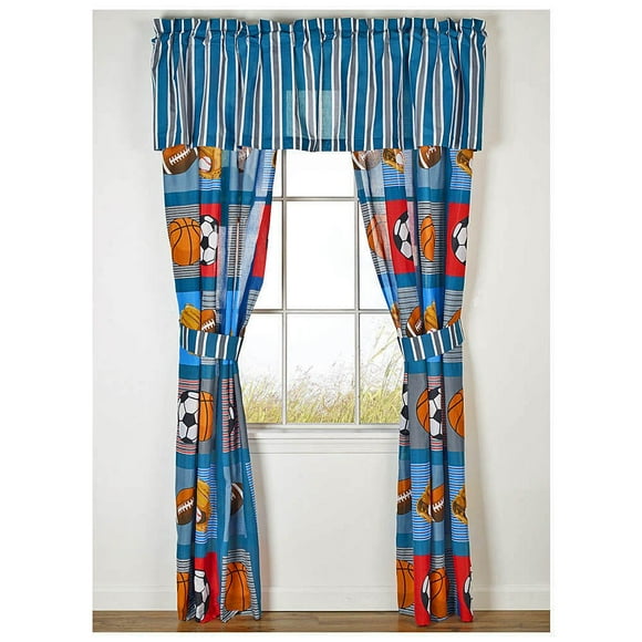 Boys Sports Patch Football Baseball Basketball Soccer Ball Blue Window Treatment Drapery Set (4 Pieces) Valance NOT Included (Drapes - 2-Panels w/2-Tiebacks 42" ea. = 84" x 84")