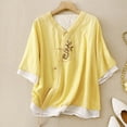 thumbnail image 2 of Npasoilc Summer Tops for Women Cotton Linen Vintage 3/4 Sleeve V-Neck Tiered Cross Twist Knot Closure Breathable Embroidery Blouse Solid Color Casual Loose T-Shirts, 2 of 5