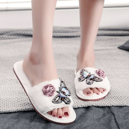 

MIARHB Women Home Slip-On Furry Flat Home Plush Butterfly Flowers Open Toe Keep Warm Slippers Shoes Women s shoes wide width