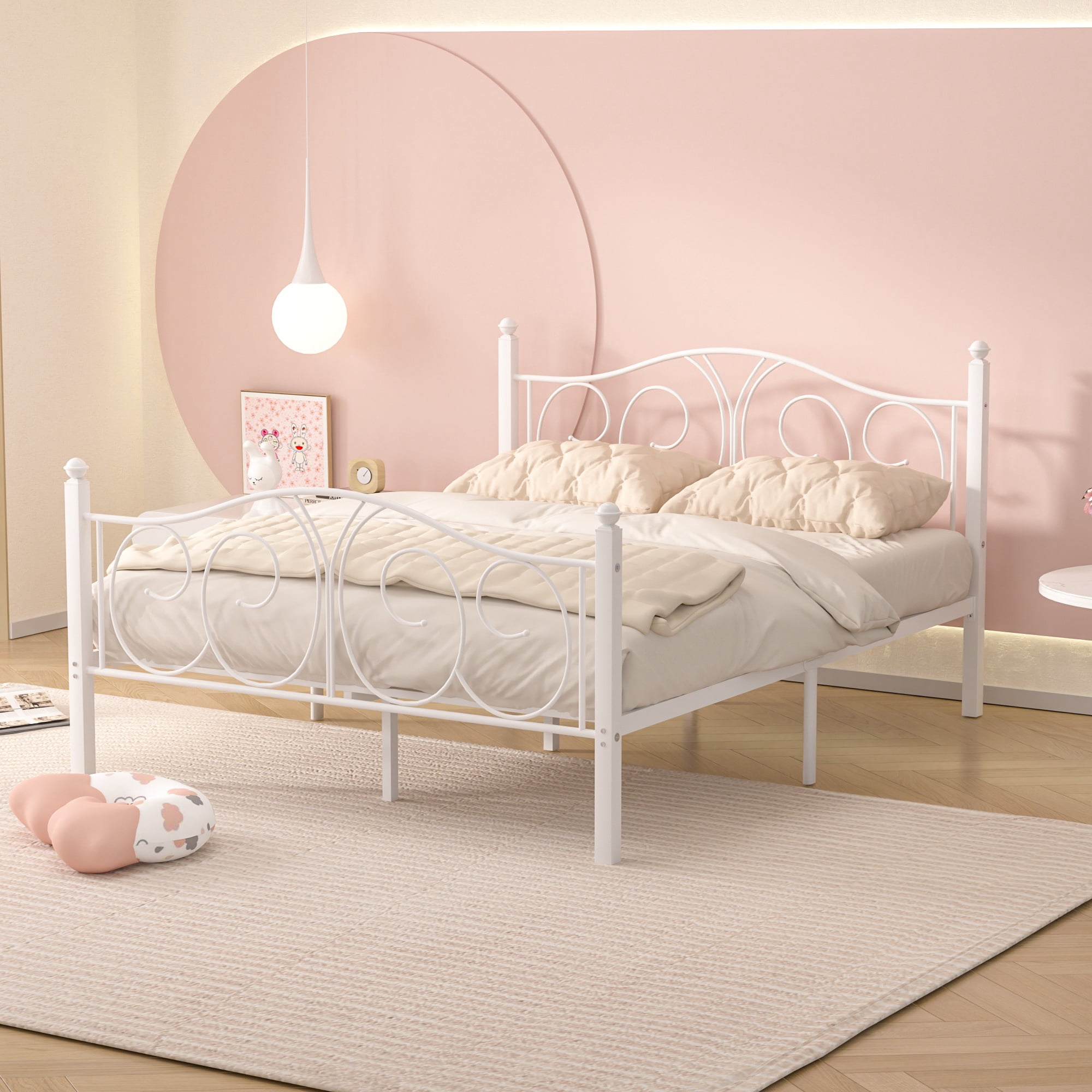 VECELO Queen Metal Bed Frame with Headboard and Footboard, Heavy Duty Slat Support Platform Frame for Bedroom, No Box Springs Needed, White