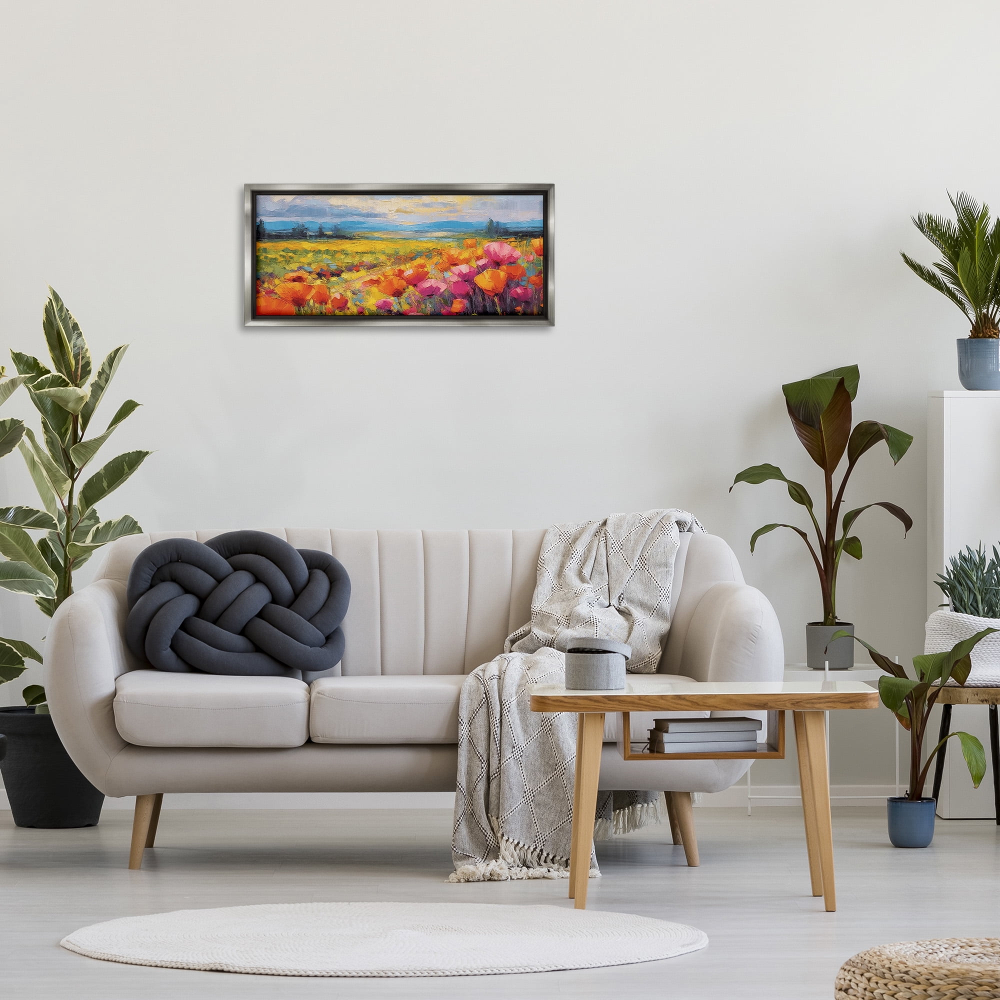 Stupell Industries Bright Tulips Landscape Landscape Painting Gray Floater Framed Canvas Art Print Wall Art, 31 x 14